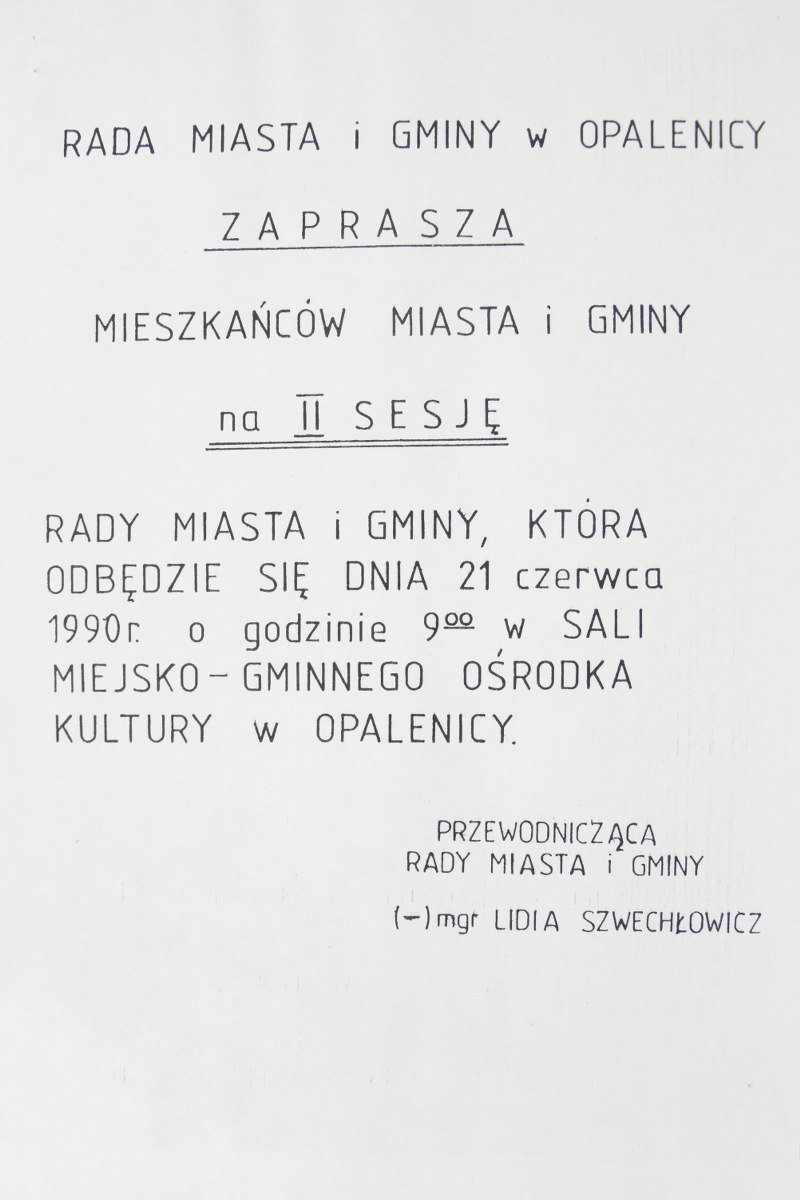 Zmiany Ustrojowe i zaproszenie na Drugą Sesję Rady Miasta - Opalenica 1990 